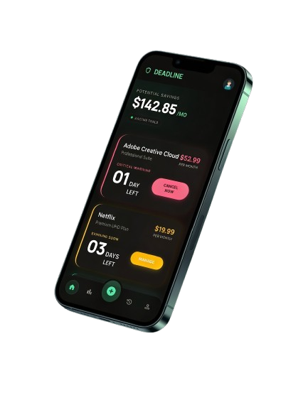 Deadline App — Home Screen showing trial countdowns and savings